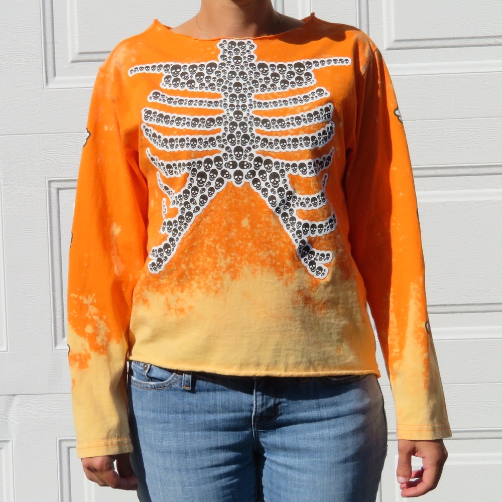 Halloween Ombre Bleach Skull Skeleton Crop Top S